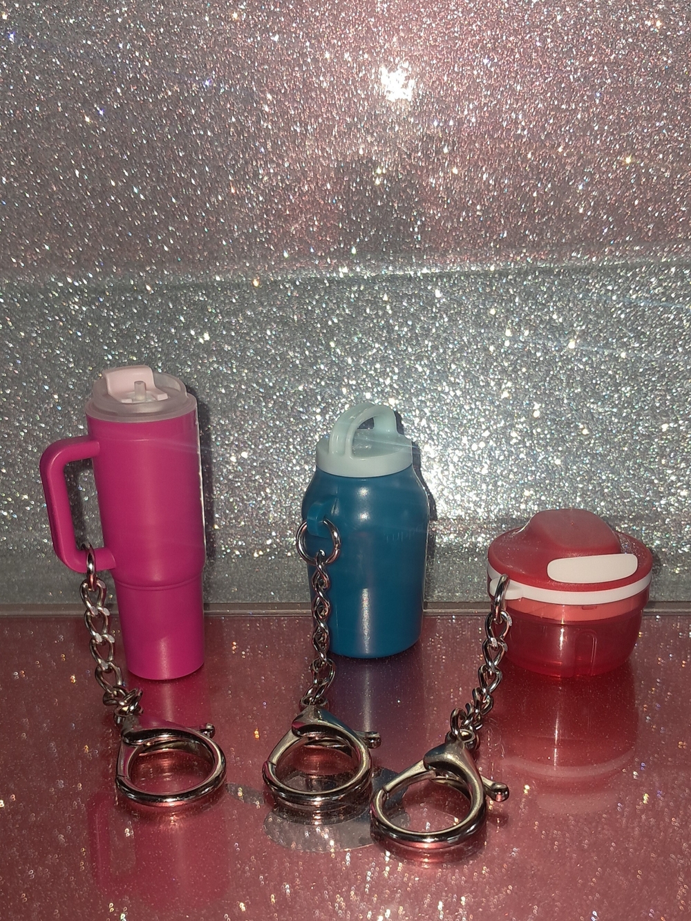 Tupperware Mini Bottle & Cup Keychain Set - Pink, Blue, Red